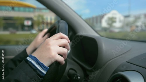 Wallpaper Mural Safe car driving strategy, woman properly grips vehicle steering wheel, road traffic safety concept. Torontodigital.ca