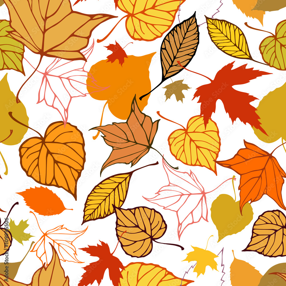 Seamless pattern with stylized colorful autumn leaves
