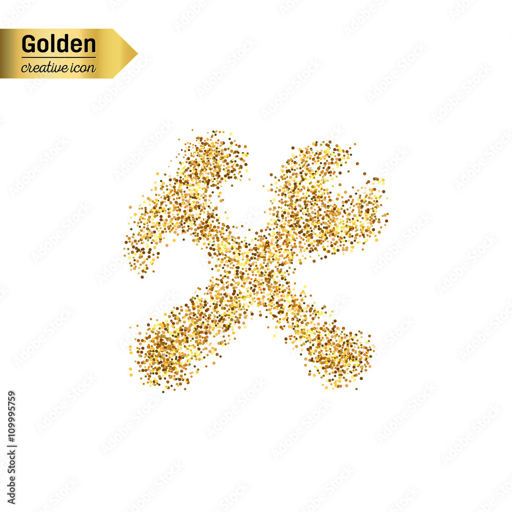 Gold glitter vector icon of tools isolated on background. Art creative concept illustration for web, glow light confetti, bright sequins, sparkle tinsel, abstract bling, shimmer dust, foil.