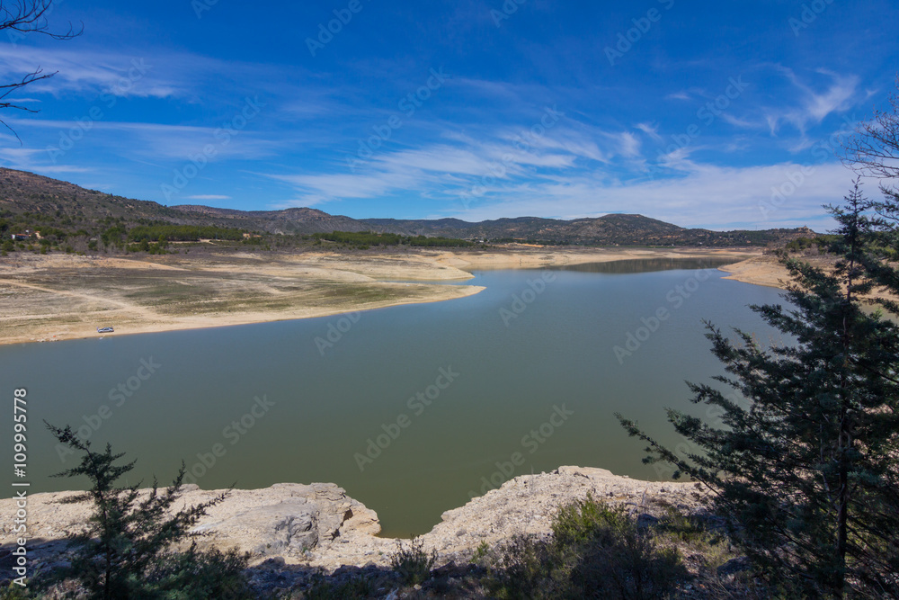 Lake with blue sky and white clouds, Buendia, cuenca, Spain