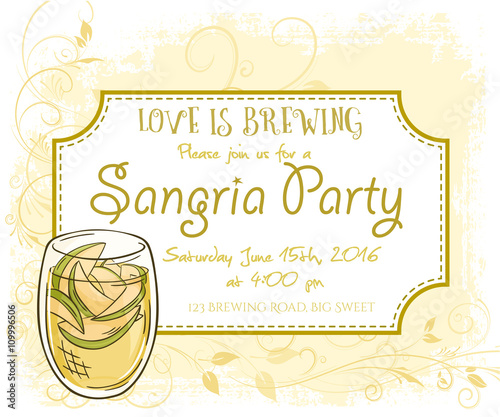 vector hand drawn sangria party invitation card, vintage frame, glass and leaves