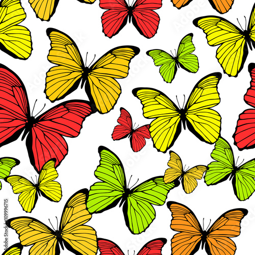 Seamless pattern with bright colorful butterflies isolated on wh