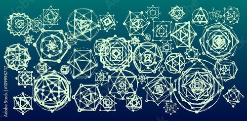 Sacred geometry mandalas background. Sacred symbols. Mandalas set. Green and blue color.