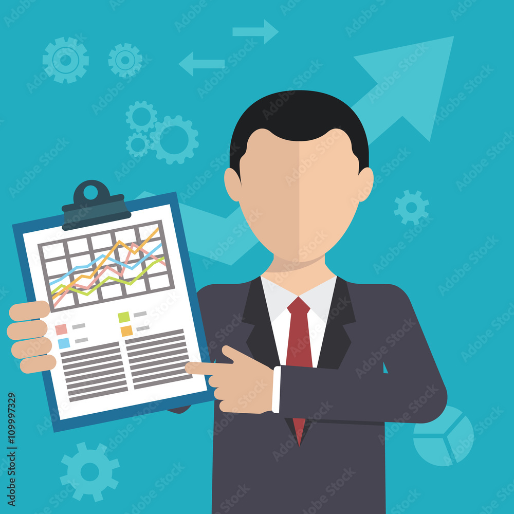 Businessman with a task, showing task and analytic, flat modern design Businessman with a task, showing task and analytic, flat modern design