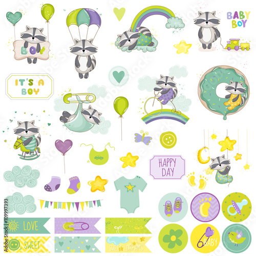 Baby Boy Raccoon Scrapbook Set. Vector Scrapbooking. Decorative Elements