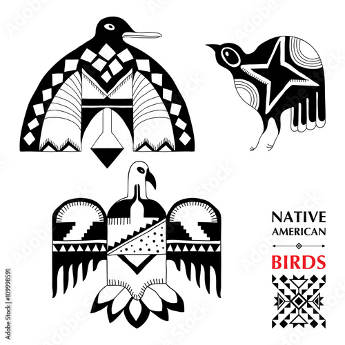 Vector collection with Native American schematic birds isolated on white. Ethnic ornament elements. Set of ancient American decor. Tribal elements in contour style for native design. 