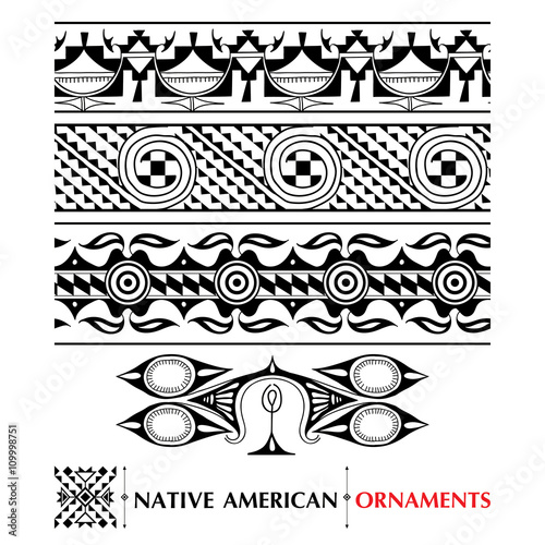 Vector collection with Native American seamless pattern isolated on white background. Ethnic ornaments and borders. Set of ancient American decor. Tribal elements in contour style for native design. 
