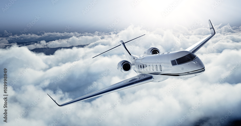 Fotografering, Billede Realistic photo of White Luxury design private jet flying over the earth på Europosters.dk