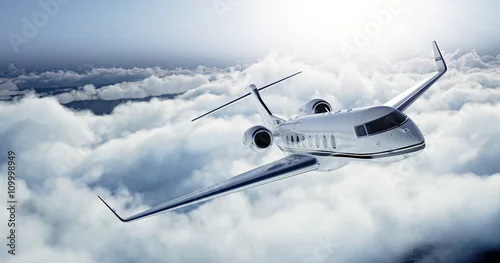 Obraz Realistyczne zdjęcie prywatnego luksusowego odrzutowca White Luxury generic lecącego nad ziemią. Pusty niebieskie niebo z białymi chmurami przy tłem. Koncepcja podróży biznesowych. Poziomy. Renderowania 3d