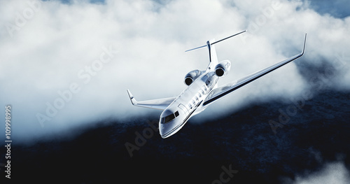 Realistic picture of White Luxury generic design private airplane flying over the earth. Abstract white clouds at background. Business Travel Concept. Horizontal. 3d rendering