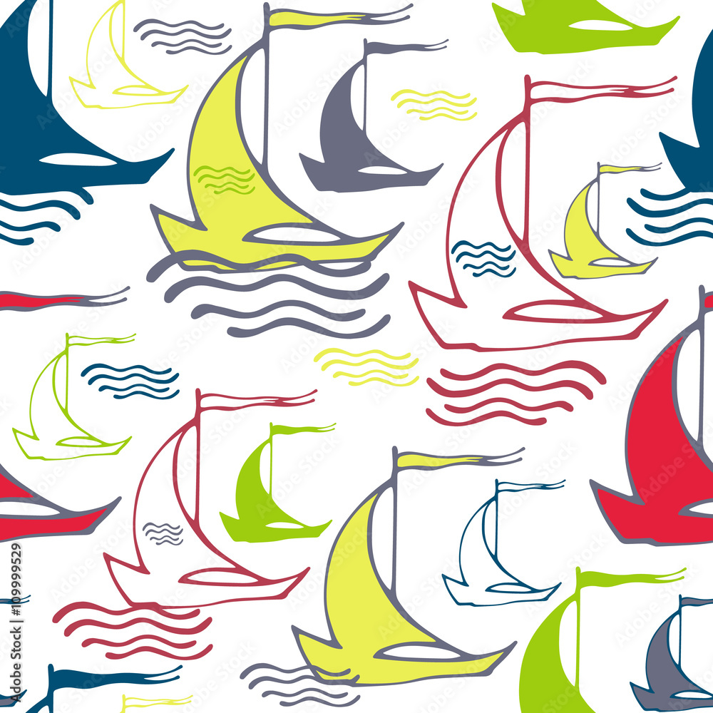 Naklejka premium Seamless pattern with sailing ships on waves