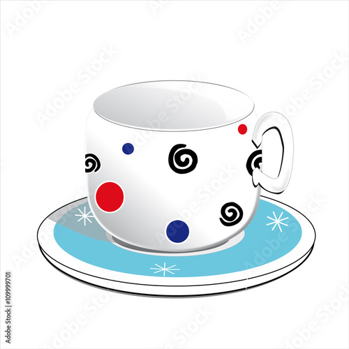 white cup with its saucer, illustrated, decorated with abstract