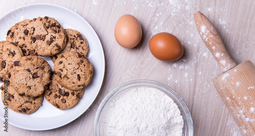 close up of ingredients for cooking chocolate chip cookies