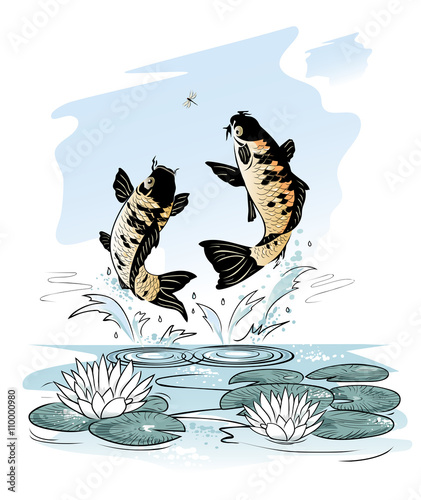 Fishes jump out from water after a dragon-fly
