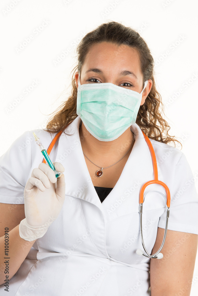 Woman doctor with mask and syringe- isolated over white background Woman doctor with mask and syringe- isolated over white background