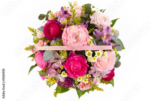 bouquet of beautiful colorful flowers on isolated background, top view