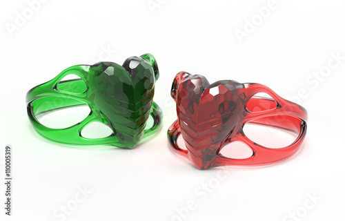 two transparent sculpted heart shaped wedding rings isolated on white. 3d illustration