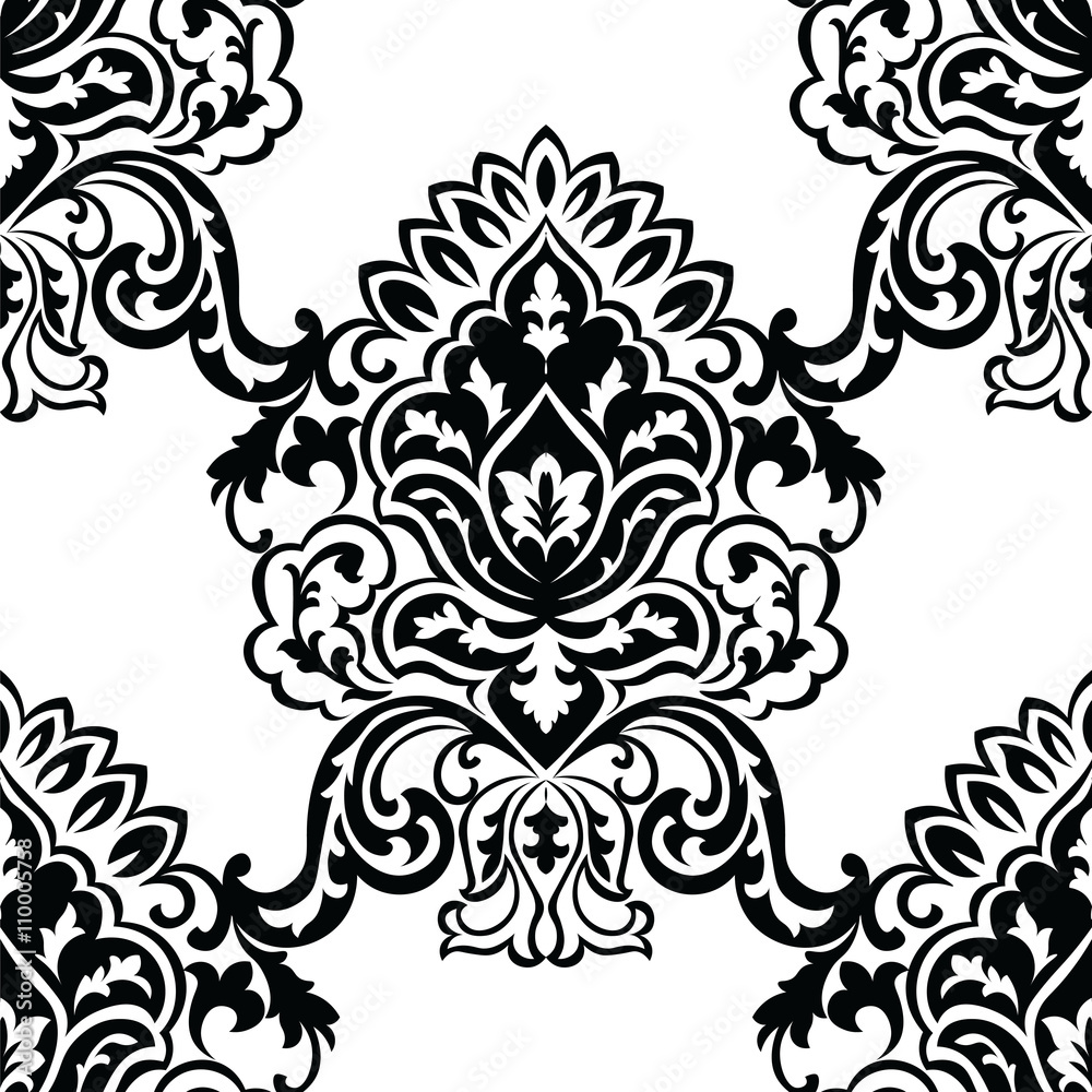 Vector Classic Baroque floral damask pattern background. Luxury classic floral damask ornament, royal Victorian vintage texture for wallpapers, textile, fabric. Black color.