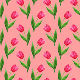 watercolor seamless tulips pattern pink background