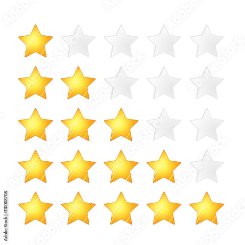 Set of five golden stars rating template on white