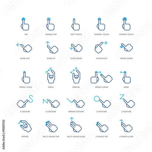 Touch gestures vector icons. Gesture press finger, gesture touch hand, gesture tap and rotate illustration