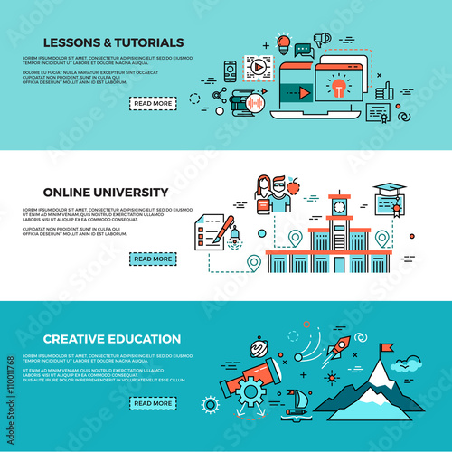 Online education, on-line training courses, staff training, web tutorials vector banners set. Online knowledge teaching, study online page, online course illustration