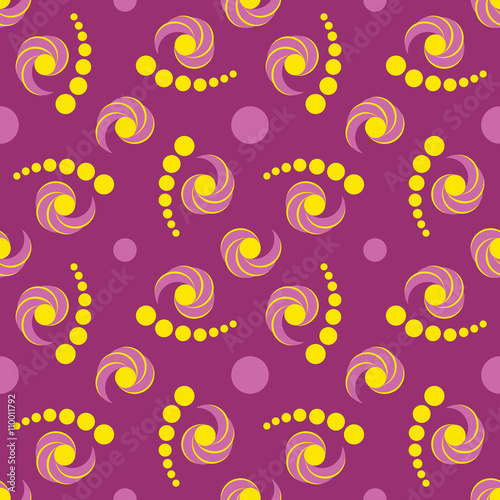 Stylish decorative seamless pattern with circle and twirl elements of lavender and yellow colors