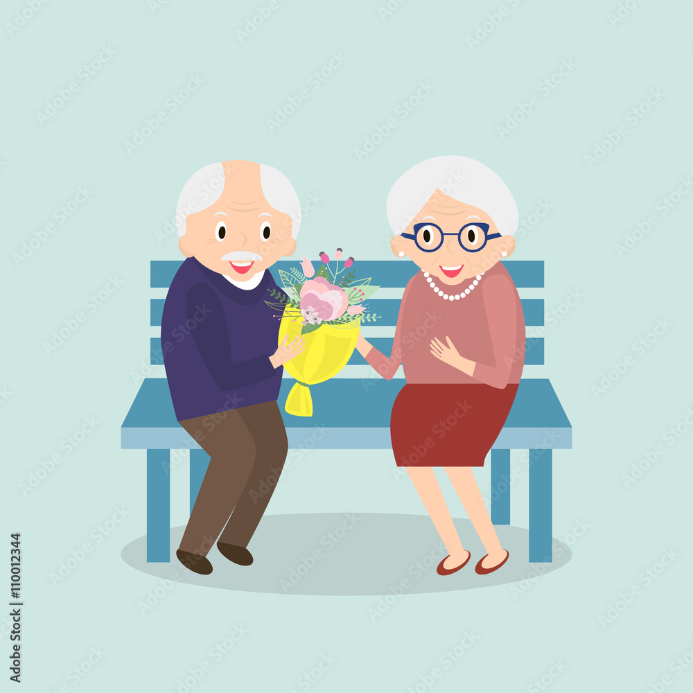 Old couple together. Seniors happy leisure. Grandpa and grandma sitting on the bench. Vector illustration Old couple together. Seniors happy leisure. Grandpa and grandma sitting on the bench. Vector illustration