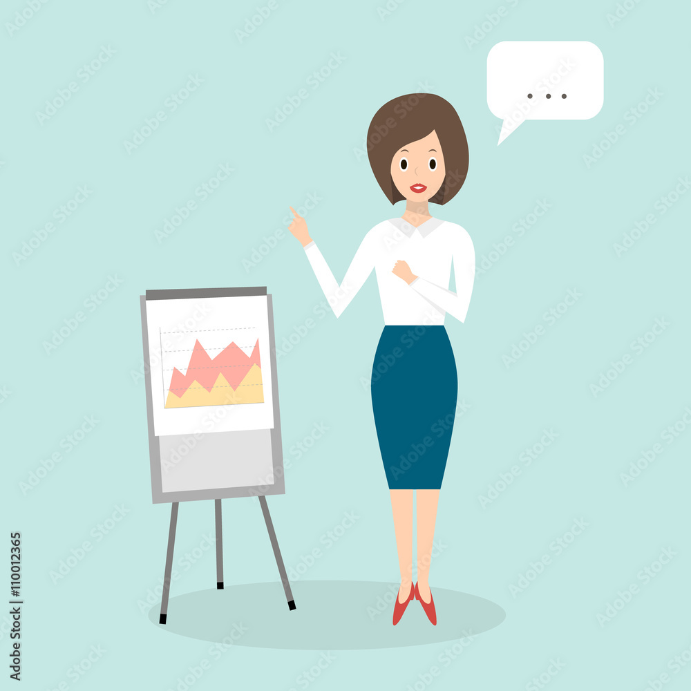 Business Woman isolated. Girl Pointing on flipchart. Business character scene. Vector Illustration Business Woman isolated. Girl Pointing on flipchart. Business character scene. Vector Illustration