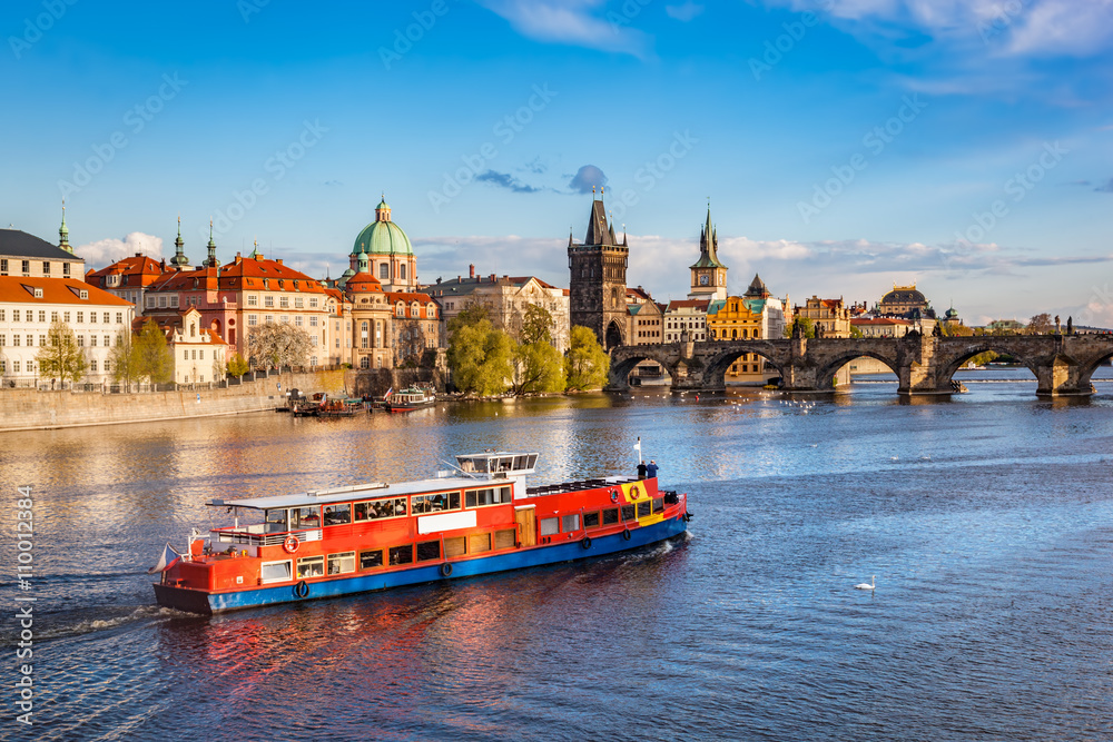 Fototapeta premium Prague, Czech Republic. Charles Bridge, boat cruise on Vltava river