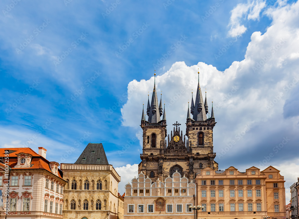 Old Town of Prague buildings, Czech Republic. Tyn Church with historic tenement houses