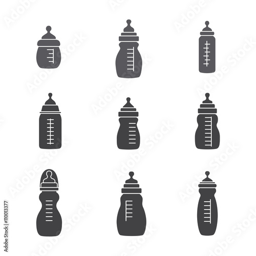 Baby bottle icon set. Set of nine feeding baby bottles .Black icons. Isolated on a white background . Design for web.