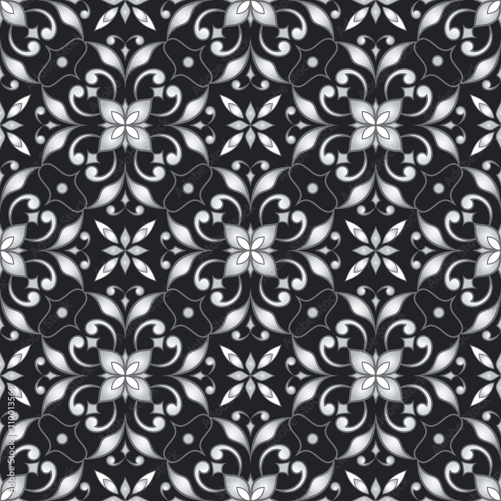 Decorative seamless silver texture on black background. Decorative seamless silver texture on black background.