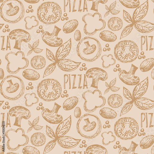 Seamless pattern hand drawn delicious pizza with tomatoes, mozza