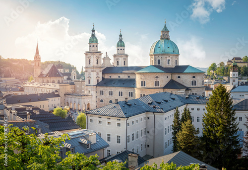 Skyline of Stadt Salzburg with Cathedral in summer at sunset, Salzburg, Austria