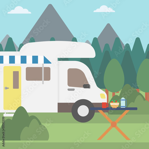 Background of motorhome in the forest.