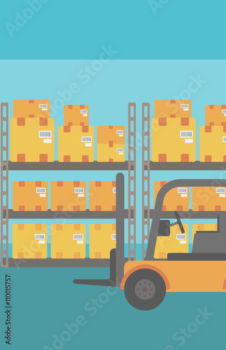 Background of forklift truck and cardboard boxes in warehouse.