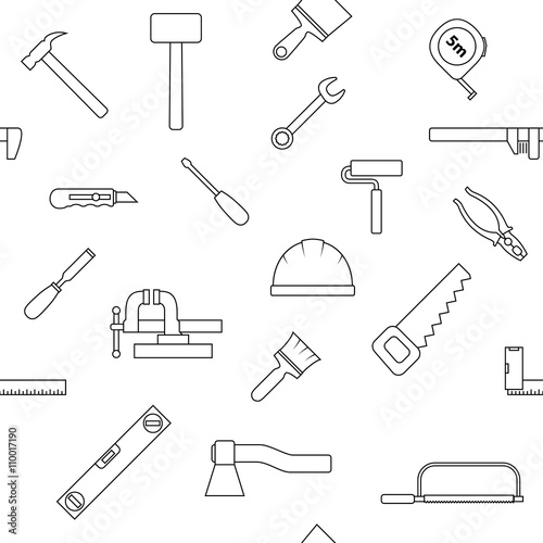 Seamless pattern of repair tool icons. Home repair signs. Worker tools. Isolated on white background. Vector illustration.