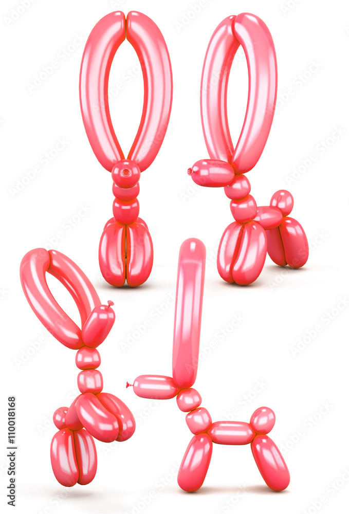 Fototapeta premium Set of animal figures out of balloons isolated on white background. Different view. Animal with long ears. Red animal balloons. 3d rendering