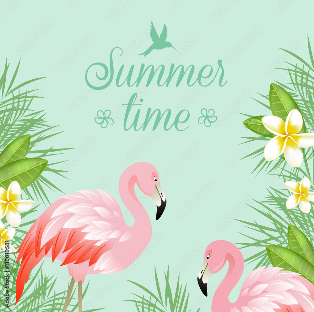 Flowers and pink flamingo Flowers and pink flamingo