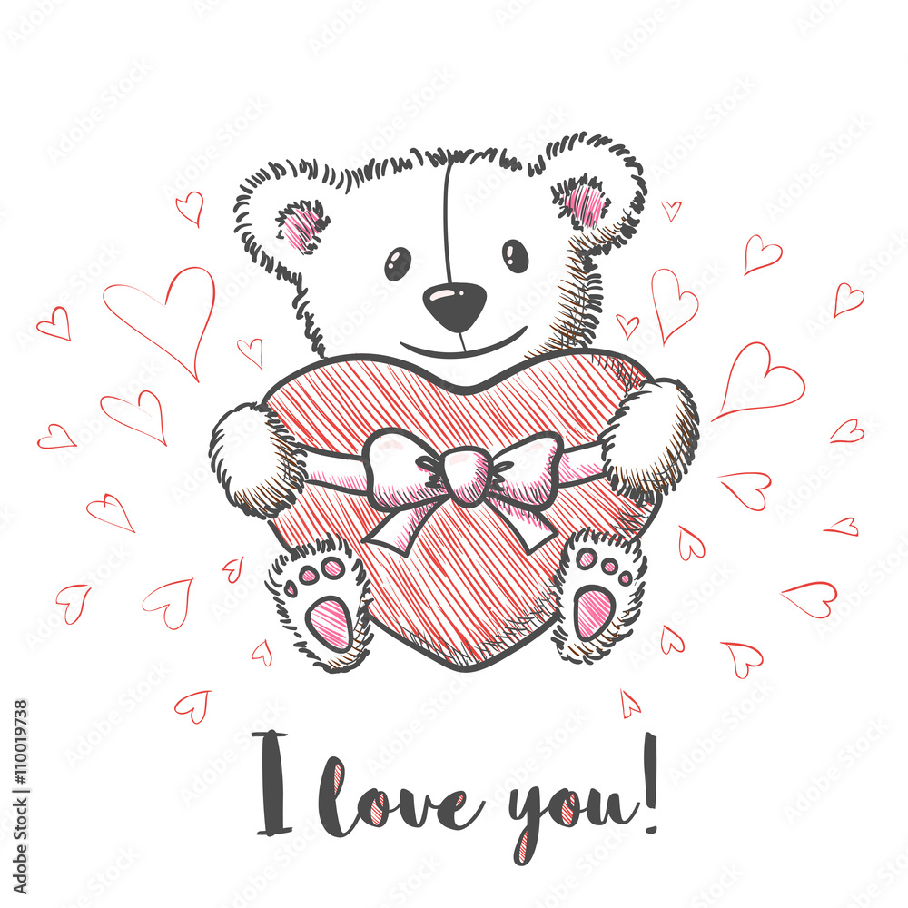 Obraz premium Love card with hand drawn cute bear