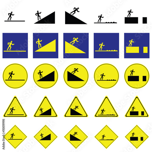 Warning sign of man skating the skateboard on the various ways include slope up and down, rough way and road with deep hole