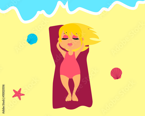 Girl in swimsuit sunning on the beach. Vector illustration