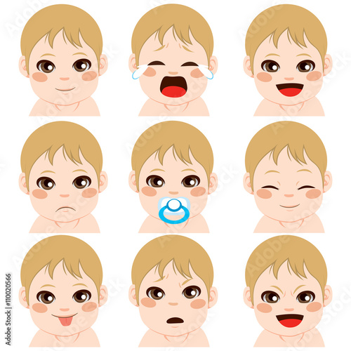 Sweet cute little boy on nine different facial expressions
