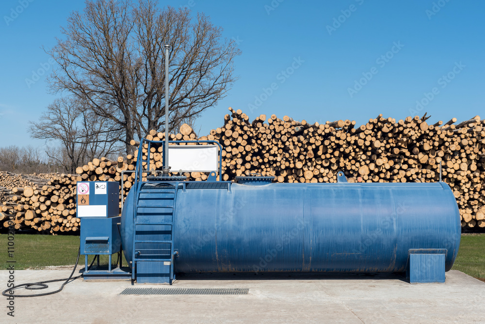 Blue tank full of gas at lumber yard. Blue tank full of gas at lumber yard.