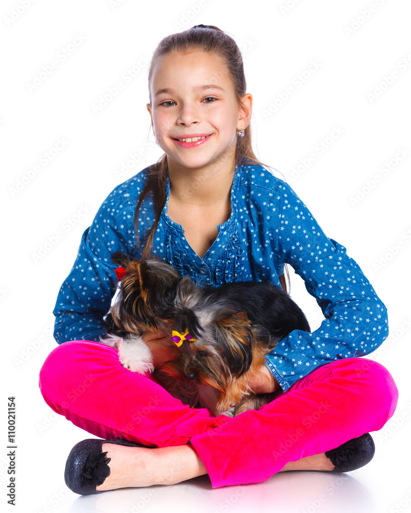 Girl playing with her yorkshire terrier Girl playing with her yorkshire terrier