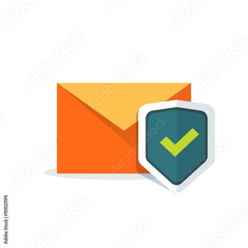 Email security concept, orange e-mail envelope with shield icon, concept of internet mail protection, data protect, safety, secure email, sign flat cartoon design isolated on white