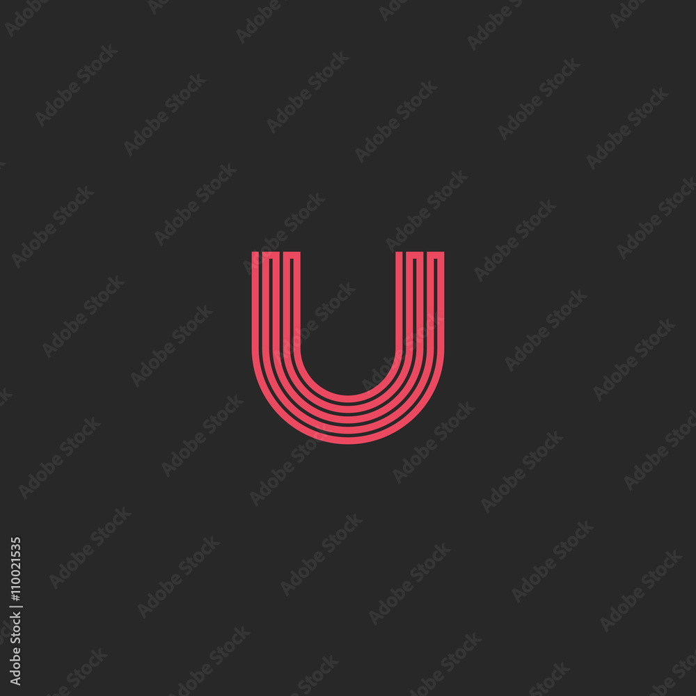 Letter U logo monogram, broken line zigzag geometric shape emblem, mockup initial business card