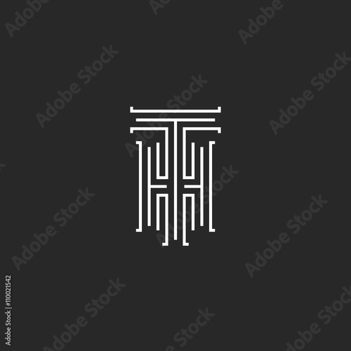 Hipster Initials TH logo wedding invitation, couple letters T H thin line black and white style, HT combination letters business card emblem