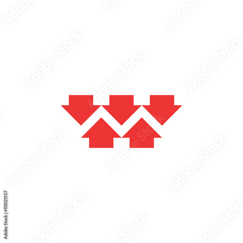 Five red converging arrows logo mockup, converge arrow merge form shape letter M, marketing concept graphic design emblem